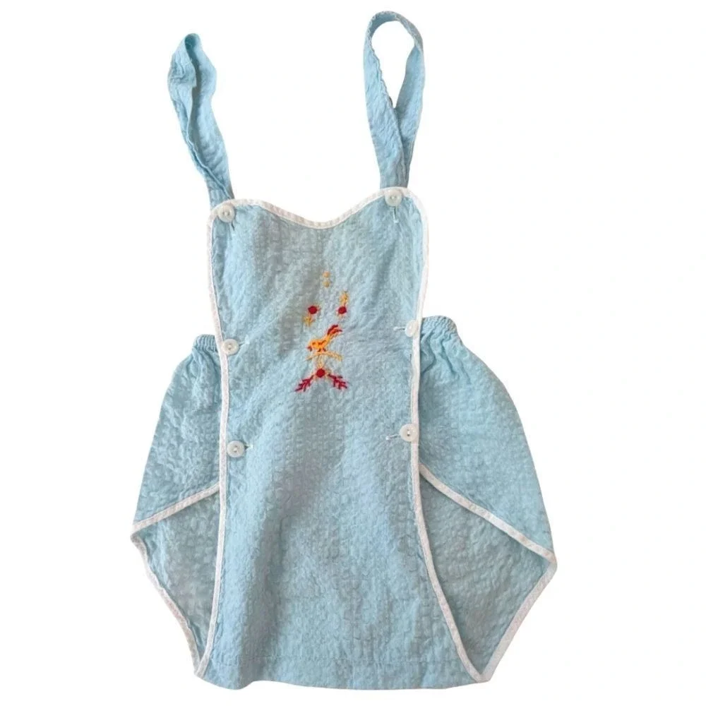 vintage 50s infant pastel blue seersucker‎ embroidered bird outfit swim